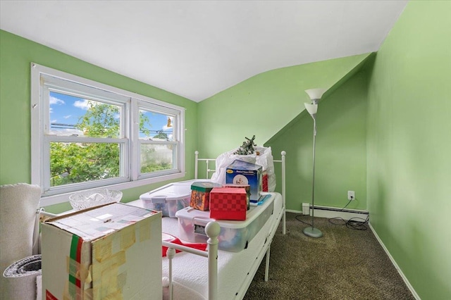 2354 7th St, East Meadow, NY 11554 - rec room featuring baseboard heating, vaulted ceiling, and carpet floors