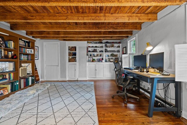41 River Rd, Nyack, NY 10960 - home office featuring a wood ceiling with exposed beams, wood finished floors, and built in shelves