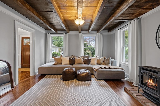 41 River Rd, Nyack, NY 10960 - living room with a wooden ceiling with exposed beams, dark wood-style floors, and a wood stove