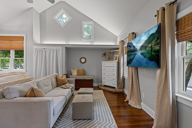 41 River Rd, Nyack, NY 10960 - living area featuring dark wood finished floors, high vaulted ceiling, a skylight, and ceiling fan