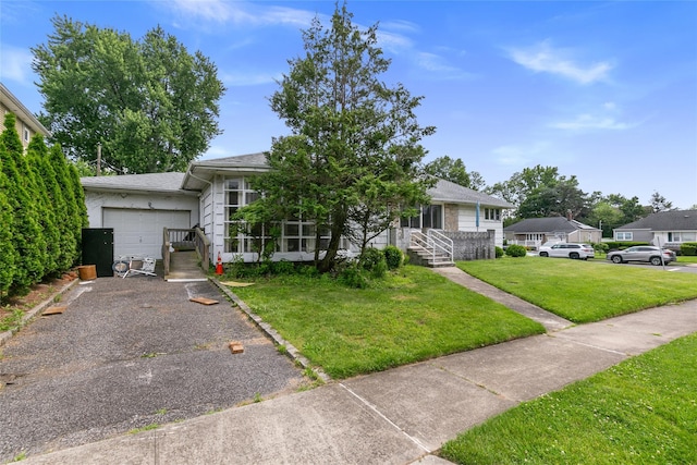 11 Webb Hill Rd, Great Neck, NY 11020 - single story home featuring an attached garage, a front lawn, asphalt driveway, and roof with shingles