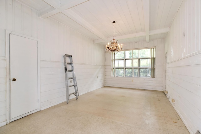 11 Webb Hill Rd, Great Neck, NY 11020 - unfurnished dining area featuring tile patterned floors, beamed ceiling, a chandelier, and wooden walls