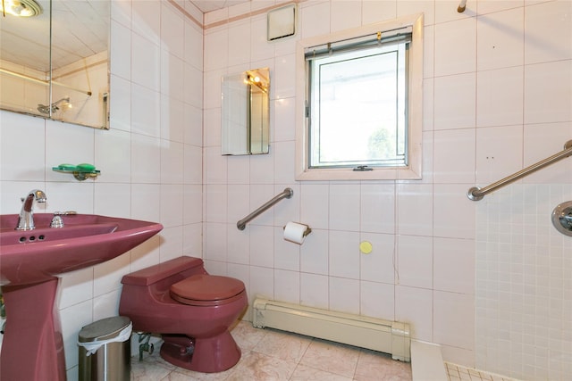 11 Webb Hill Rd, Great Neck, NY 11020 - bathroom featuring tile walls, a baseboard radiator, a tile shower, and tile patterned flooring