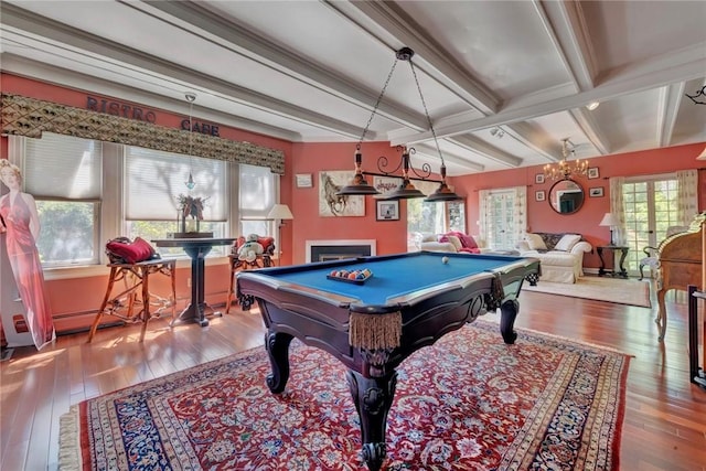 84 Highview Ave, Nanuet, NY 10954 - playroom featuring wood-type flooring, beamed ceiling, billiards, and a fireplace