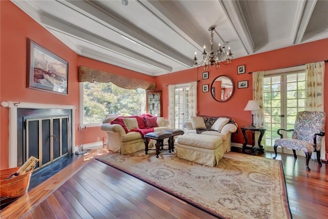 84 Highview Ave, Nanuet, NY 10954 - living room featuring beamed ceiling, a chandelier, wood finished floors, and french doors