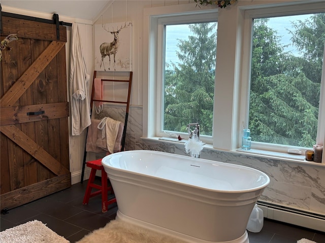 84 Highview Ave, Nanuet, NY 10954 - full bathroom with a freestanding tub, a baseboard radiator, tile patterned floors, and lofted ceiling