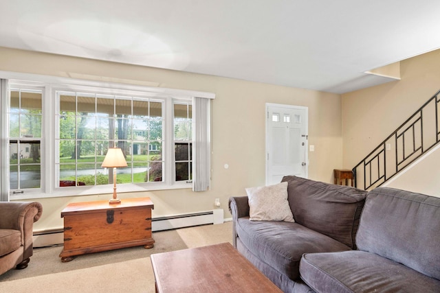 5 Seward Ln, Stony Brook, NY 11790 - living room featuring baseboard heating, carpet, and stairs