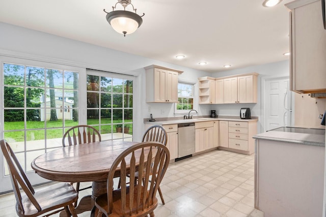 5 Seward Ln, Stony Brook, NY 11790 - kitchen featuring dishwasher, open shelves, light flooring, recessed lighting, and light countertops
