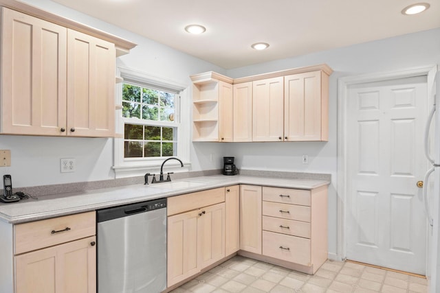 5 Seward Ln, Stony Brook, NY 11790 - kitchen with stainless steel dishwasher, light brown cabinets, light countertops, light floors, and recessed lighting