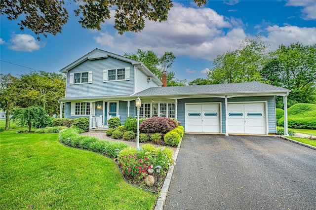 26 Village Ln, Hauppauge, NY 11788 - traditional-style house with an attached garage, asphalt driveway, a front lawn, a chimney, and covered porch