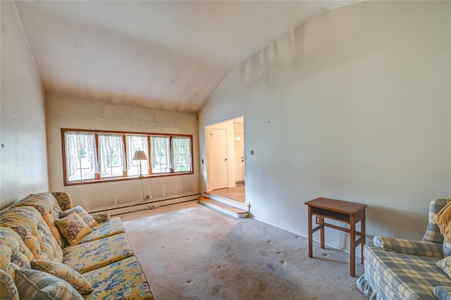 26 Village Ln, Hauppauge, NY 11788 - living area with vaulted ceiling, baseboard heating, and carpet flooring