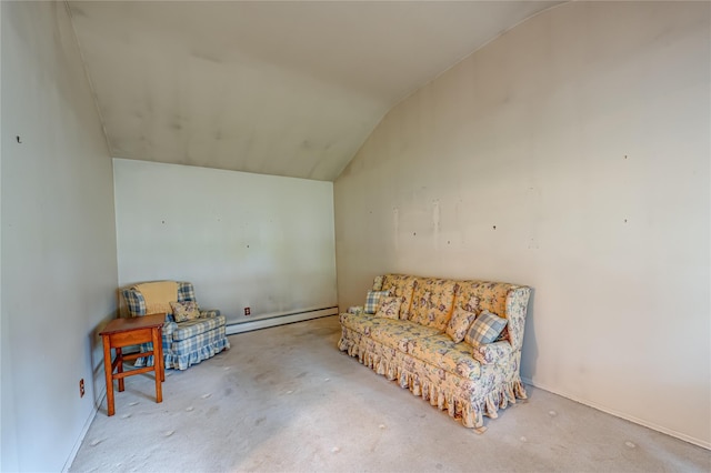 26 Village Ln, Hauppauge, NY 11788 - living area with a baseboard radiator, vaulted ceiling, and carpet flooring