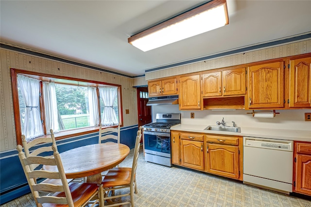 26 Village Ln, Hauppauge, NY 11788 - kitchen with dishwasher, gas stove, under cabinet range hood, light countertops, and wallpapered walls