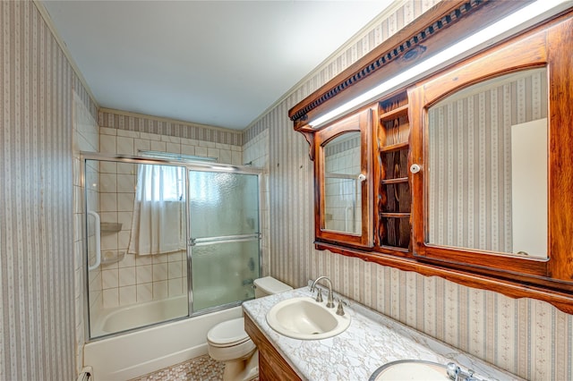 26 Village Ln, Hauppauge, NY 11788 - bathroom featuring wallpapered walls, combined bath / shower with glass door, and double vanity