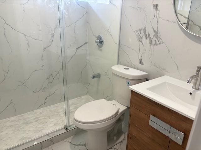 747 Janos Ln, West Hempstead, NY 11552 - bathroom featuring marble tiled floors, a marble finish shower, and vanity