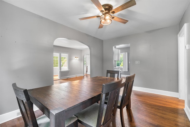 2031 Rte 302, Circleville, NY 10919 - dining space featuring arched walkways, ceiling fan, and wood finished floors