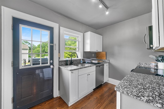 2031 Rte 302, Circleville, NY 10919 - kitchen with stainless steel appliances, rail lighting, dark wood-type flooring, and white cabinets