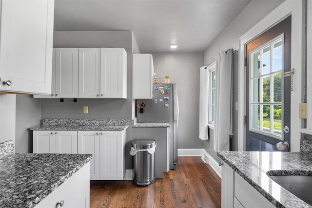 2031 Rte 302, Circleville, NY 10919 - kitchen with freestanding refrigerator, dark stone countertops, white cabinets, and recessed lighting