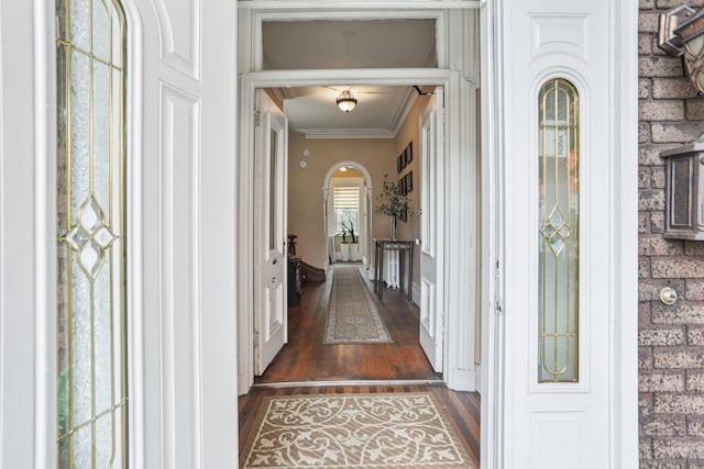 223 Warburton Ave, Yonkers, NY 10701 - hall with dark wood-style flooring and crown molding