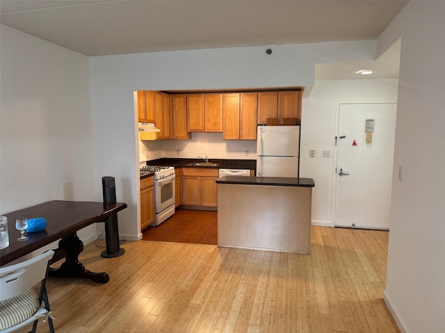 837 Washington Ave Unit 3A, Bronx, NY 10451 - kitchen with white appliances, under cabinet range hood, light wood-style flooring, and dark countertops