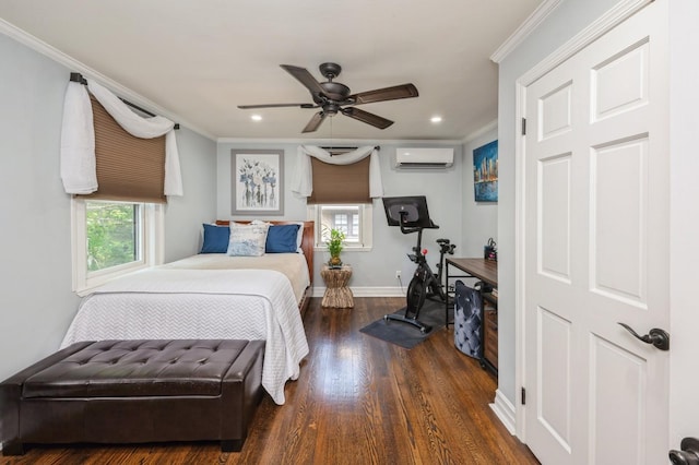 35 Irenhyl Ave, Port Chester, NY 10573 - bedroom with a wall unit AC, wood finished floors, recessed lighting, ornamental molding, and a ceiling fan