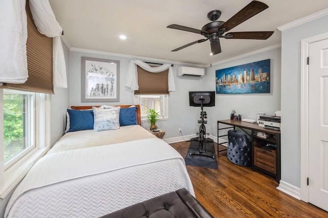 35 Irenhyl Ave, Port Chester, NY 10573 - bedroom with a wall unit AC, crown molding, wood finished floors, recessed lighting, and ceiling fan