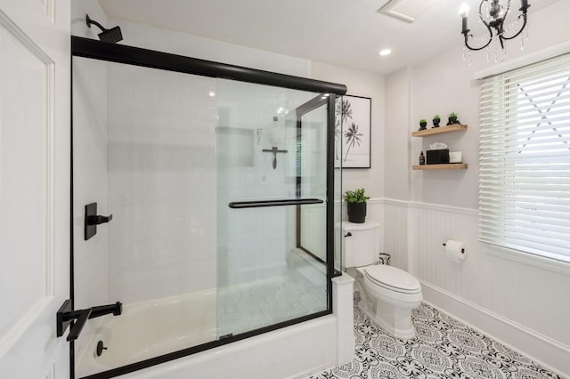 35 Irenhyl Ave, Port Chester, NY 10573 - full bathroom featuring enclosed tub / shower combo, wainscoting, tile patterned flooring, a chandelier, and recessed lighting