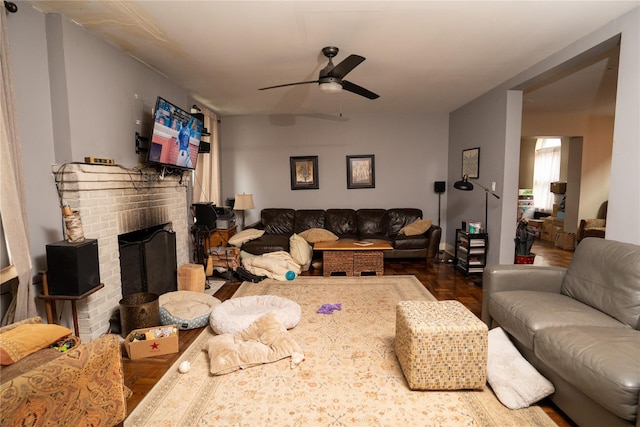 3344 Giles Pl, Bronx, NY 10463 - living room featuring a ceiling fan and a brick fireplace