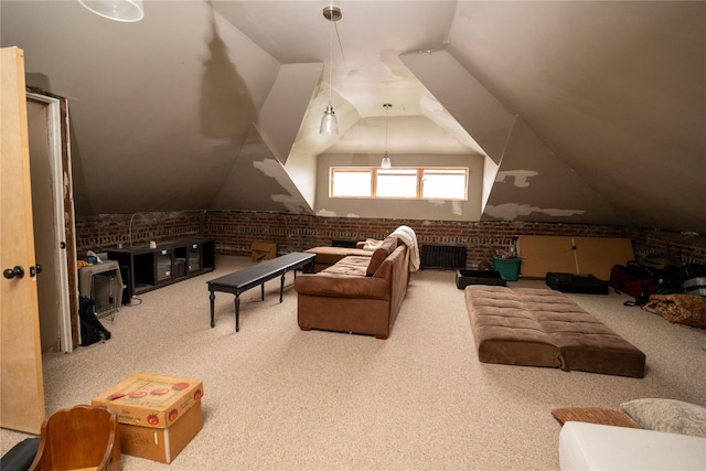 3344 Giles Pl, Bronx, NY 10463 - cinema with carpet, brick wall, and vaulted ceiling
