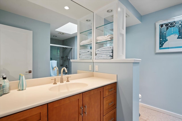 41 Park Cir, Quogue, NY 11959 - full bathroom with vanity, a stall shower, and a skylight