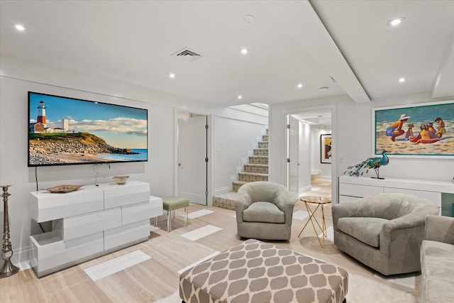 41 Park Cir, Quogue, NY 11959 - living area featuring stairs, recessed lighting, and light wood finished floors