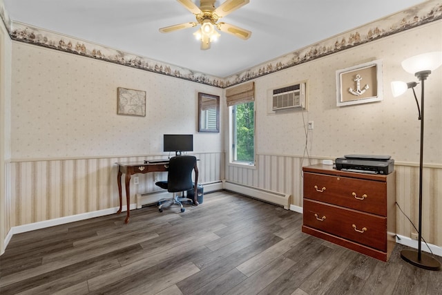 5 Rose Ests Unit 2, Walden, NY 12586 - home office featuring wainscoting, a wall mounted air conditioner, wallpapered walls, wood finished floors, and a baseboard heating unit