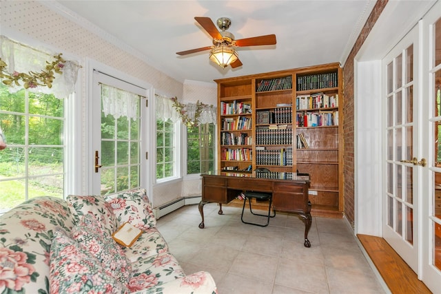 1 Ravine Rd, Great Neck, NY 11023 - home office featuring wallpapered walls, tile patterned flooring, a baseboard heating unit, ceiling fan, and ornamental molding