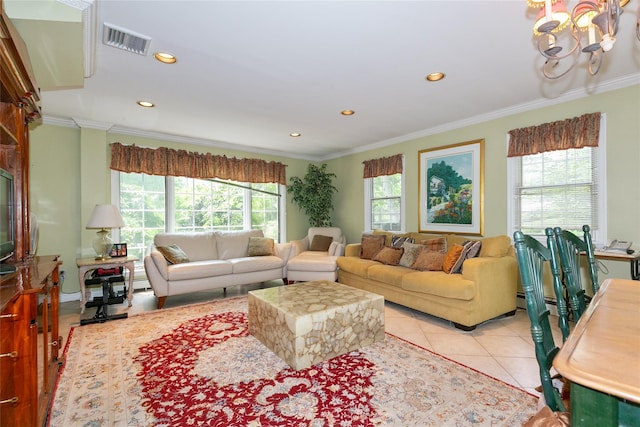 1 Ravine Rd, Great Neck, NY 11023 - living room with ornamental molding, recessed lighting, a chandelier, and tile patterned flooring