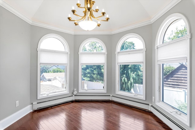 2080 Beech St, Wantagh, NY 11793 - empty room featuring lofted ceiling, a chandelier, dark wood-style floors, and crown molding