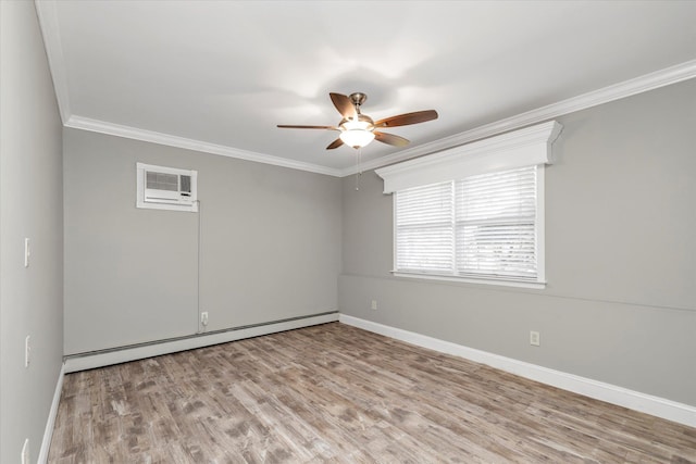 2080 Beech St, Wantagh, NY 11793 - spare room with baseboard heating, a ceiling fan, a wall unit AC, crown molding, and wood finished floors