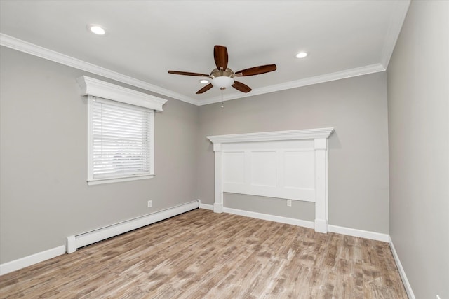 2080 Beech St, Wantagh, NY 11793 - empty room featuring a baseboard radiator, light wood finished floors, crown molding, ceiling fan, and recessed lighting