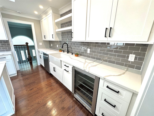 2080 Beech St, Wantagh, NY 11793 - kitchen featuring beverage cooler, open shelves, crown molding, dishwasher, and light stone counters