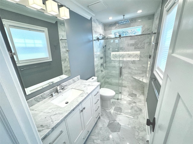 2080 Beech St, Wantagh, NY 11793 - bathroom featuring vanity, a stall shower, marble finish floors, and recessed lighting