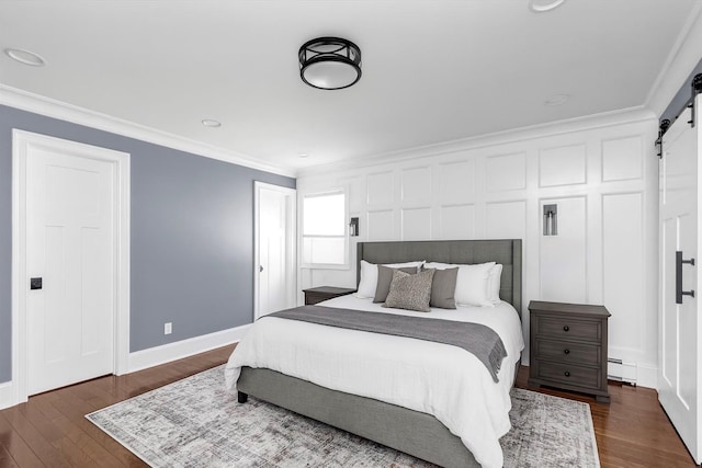 2080 Beech St, Wantagh, NY 11793 - bedroom with a barn door, ornamental molding, dark wood-style floors, baseboard heating, and recessed lighting
