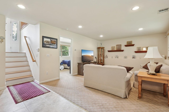 3 Hoyt Ct, Stony Point, NY 10980 - living room with recessed lighting, light colored carpet, stairs, and light tile patterned floors