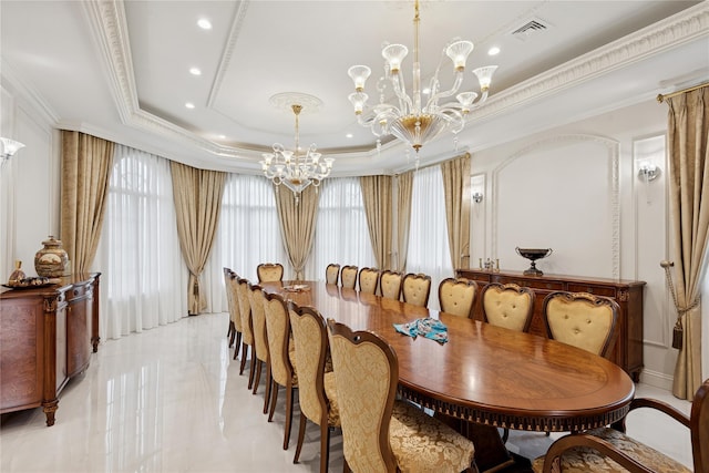 1190 Harbor Rd, Hewlett Harbor, NY 11557 - dining room with a chandelier, ornamental molding, a raised ceiling, and recessed lighting