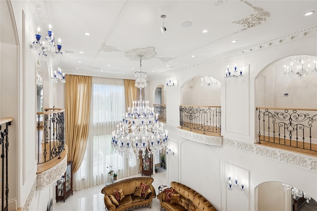 1190 Harbor Rd, Hewlett Harbor, NY 11557 - detailed view of a chandelier, arched walkways, and recessed lighting
