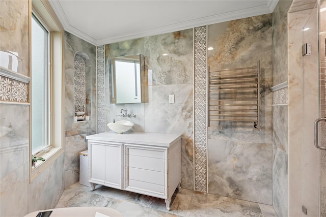 1190 Harbor Rd, Hewlett Harbor, NY 11557 - bathroom with radiator heating unit, ornamental molding, vanity, tile walls, and a shower stall