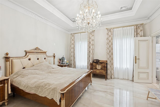 1190 Harbor Rd, Hewlett Harbor, NY 11557 - bedroom with a chandelier, a raised ceiling, and ornamental molding