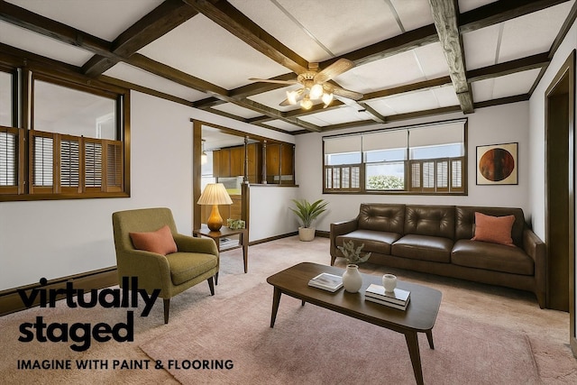 16 King St, Port Jervis, NY 12771 - living area featuring coffered ceiling, light colored carpet, a ceiling fan, and beam ceiling