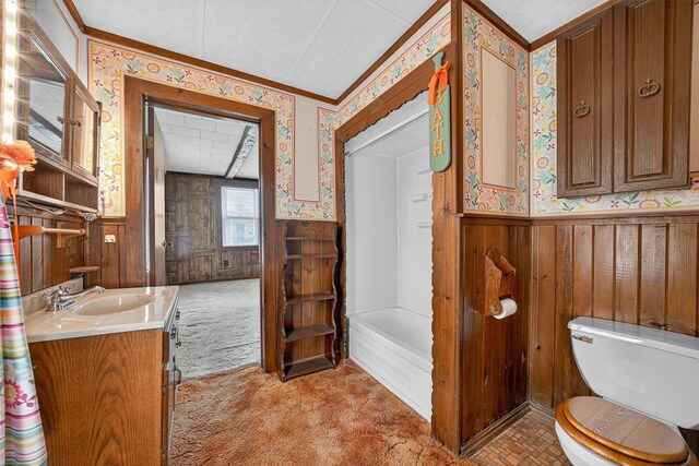 16 King St, Port Jervis, NY 12771 - bathroom with a wainscoted wall, wood walls, wallpapered walls, vanity, and crown molding