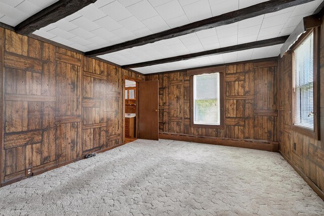 16 King St, Port Jervis, NY 12771 - unfurnished room with wooden walls, beamed ceiling, healthy amount of natural light, and carpet flooring