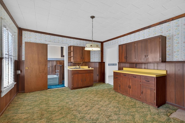 16 King St, Port Jervis, NY 12771 - kitchen featuring wallpapered walls, crown molding, a chandelier, a wainscoted wall, and wood walls