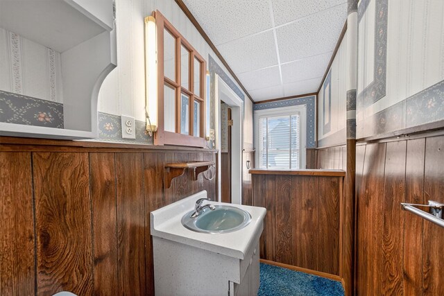 16 King St, Port Jervis, NY 12771 - bathroom with a drop ceiling, a wainscoted wall, vanity, and wallpapered walls